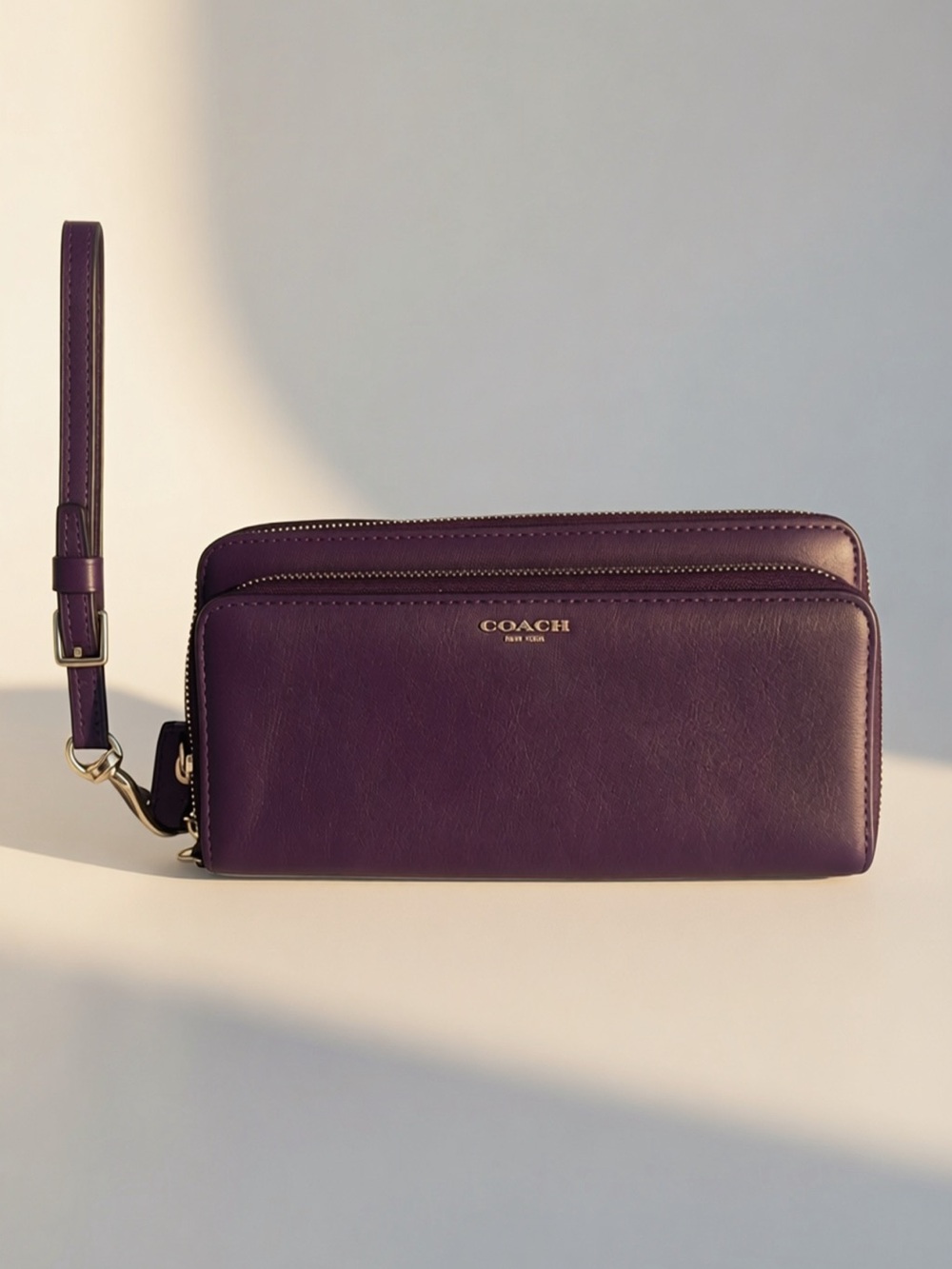 Coach Double Zip Leather Wristlet Wallet | Plum Purple | Gold Hardware